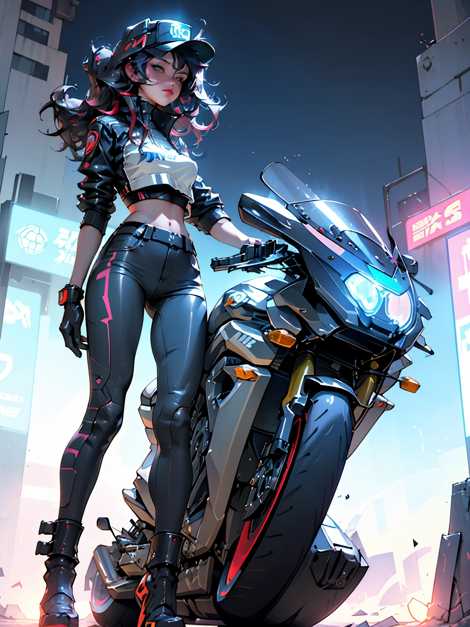 beautiful woman medium hair, Wear a hat, cyberpunk short clothes, cyberpunk police woman, Tomboy, Traffic police, (Riding a futuristic motorcycle 1.0), Police Hovercycle Patrol, night, neon