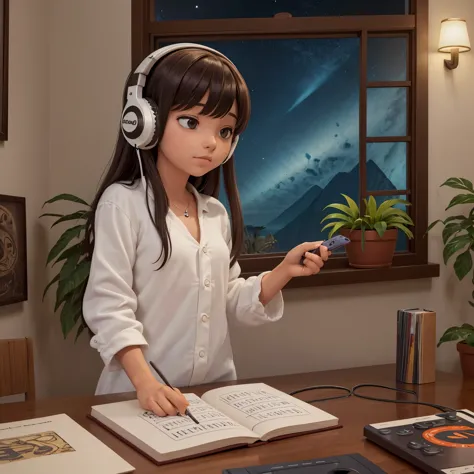 Girl studying and listening to music in a cozy room at night, Usando fones de ouvido, Anime estilo 2D, lo-fi, hard disk, Ambient...