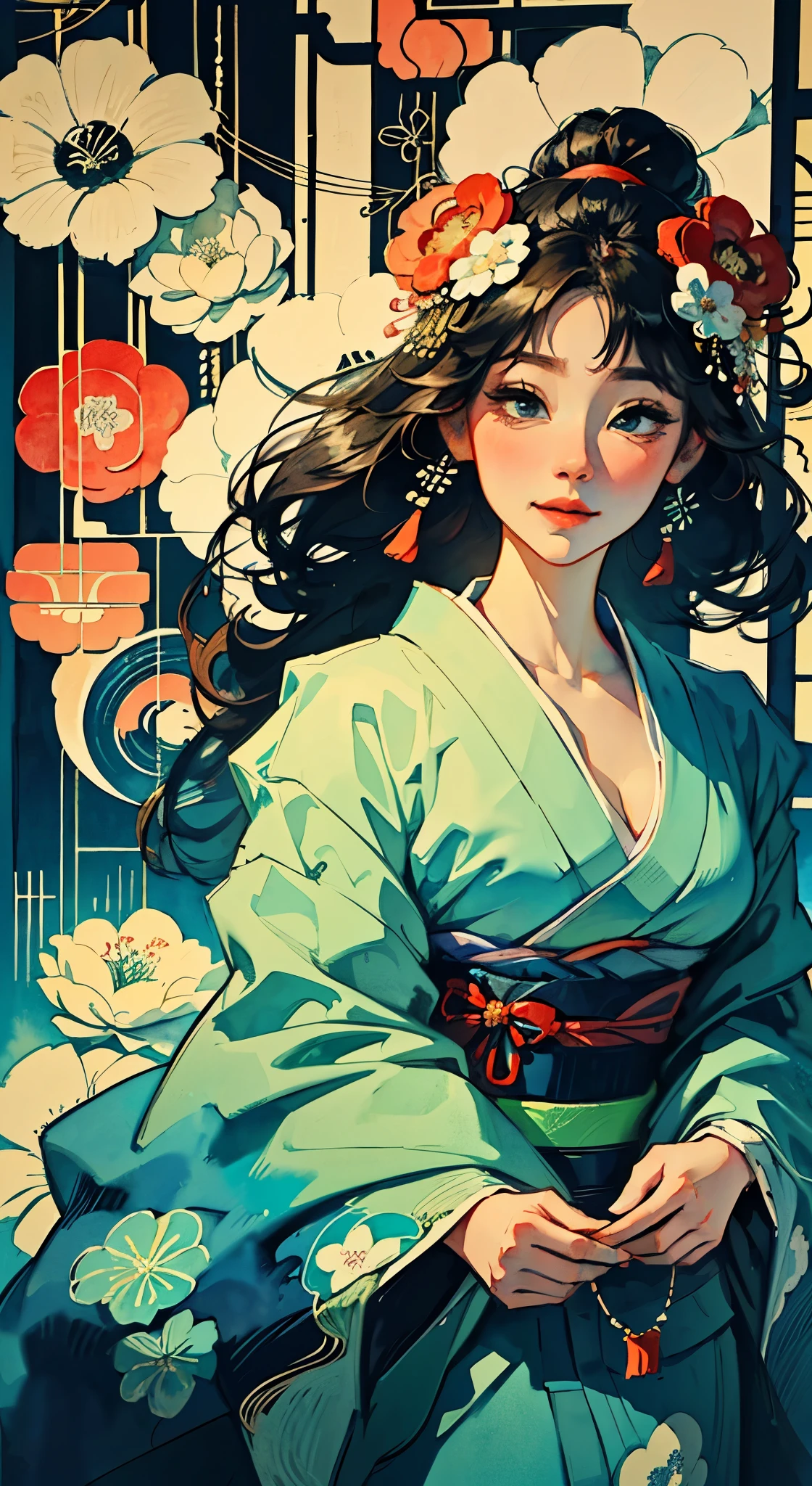 8K, top-quality, hight resolution, Bishoujo 1 25 years old, Flower steamed buns,A slight smil, (traditional Japanese kimono:1.3)、Luxury kimono、no wrinkles at all,watercolor paiting, (Flower hair ornament:1.3), Bauhaus, shapes, lines, abstract,
