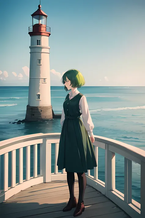 woman with short green hair , Standing on the bridge near the lighthouse by the sea