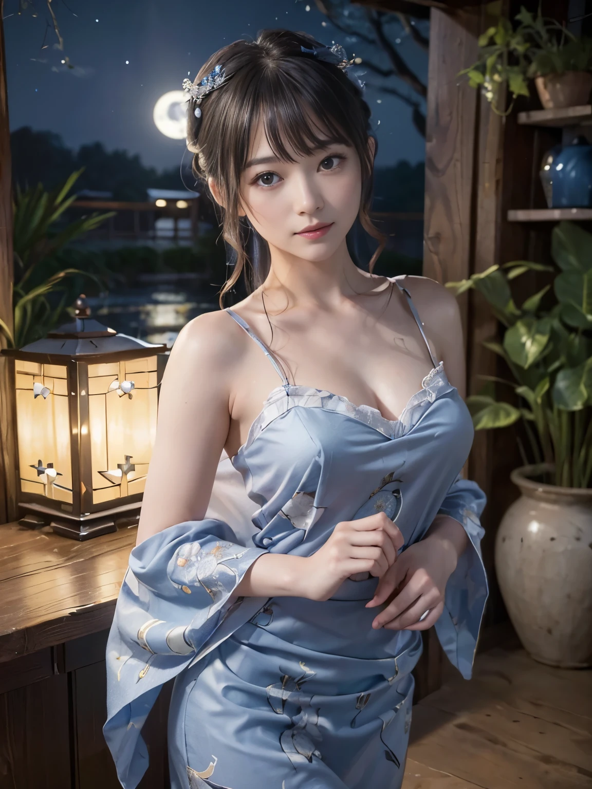 (masterpiece,Super detailed,8k,highest quality:1.5),((very cute)),best image quality, two dimensional beauty,sensual figure,intricate details,charm, realistic texture, charmな,(moonlight、Firefly Light:1.3),(Wearing a blue yukata),Right shoulder visible、beautiful and delicate hands
