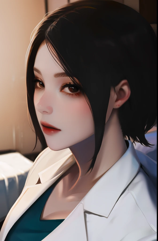 (masterpiece:1.3), (8k, photorealistic, RAW photo, best quality: 1.4), (1girl), beautiful face, (realistic face),girl sitting on a bed with a city in the background, seductive girl, attractive girl, female protagonist 👀 :8, with a lab coat, woman, beautiful alluring woman, best girl,