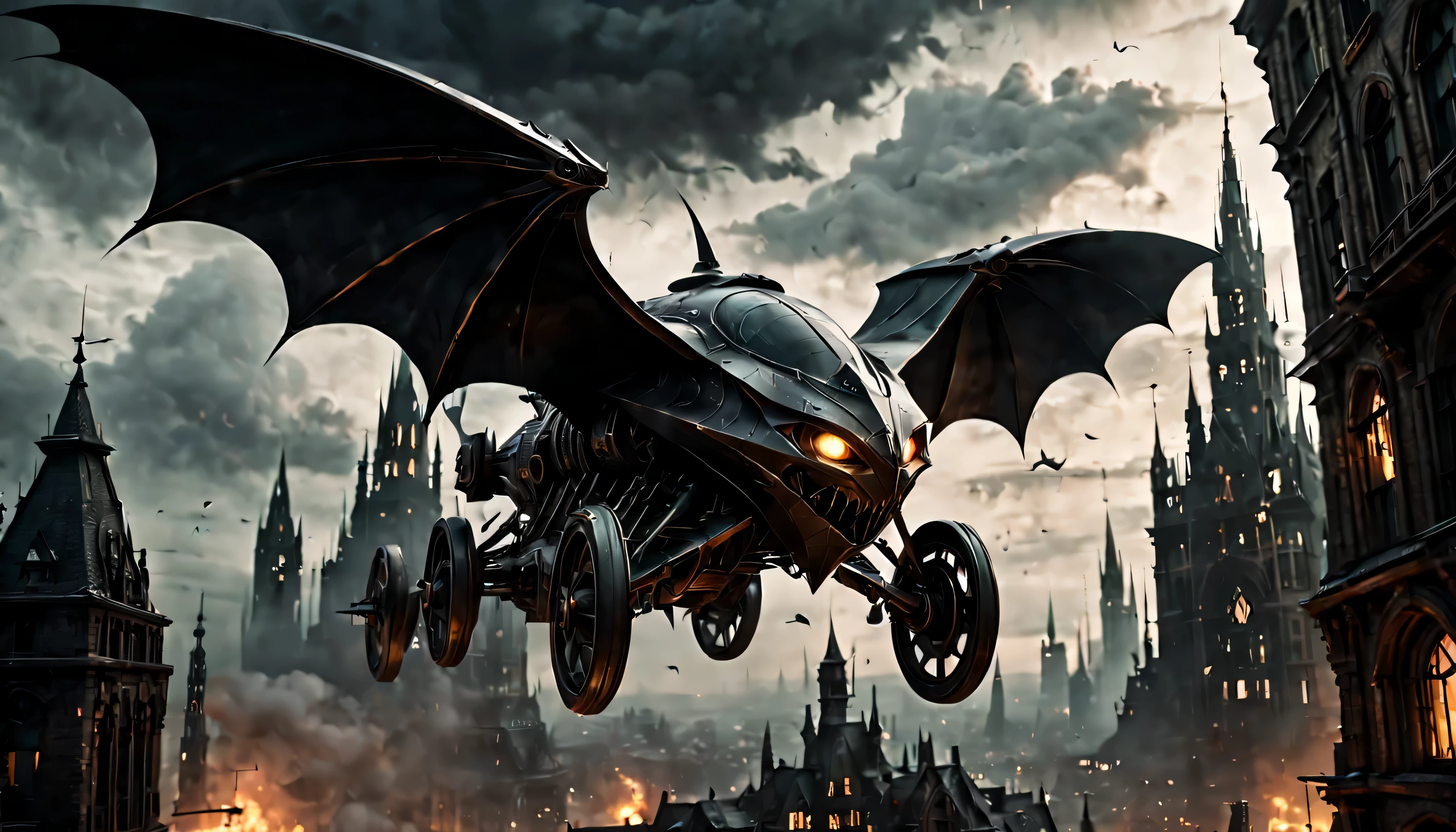gothic style, flying car, gothic style science fiction, gothic style future skyscrapers

(best quality,4k,8k,highres,masterpiece:1.2),ultra-detailed,realistic:1.37,medium:oil painting, horror, dark, moody, shadowy atmosphere, ominous clouds, gothic architecture, pointed arches, spires, pinnacles, gargoyles, flying buttresses, dramatic lighting, stormy sky, gleaming metal wings, flying car hovering in the air, graceful movement, advanced propulsion system, innovative energy source, propeller-less design, ornate carvings, elaborate ironwork, twisted spires, reaching high into the sky, mechanical marvels, futuristic design, flickering neon lights, steampunk elements, mysterious figures, hooded cloaks, outlines against the night sky, metallic hues, narrow streets, winding alleys, steam rising from manhole covers, electric sparks, smoke billowing from chimneys, detailed cityscape, skyscrapers piercing the clouds, illuminated windows, glowing signs, haunting ambiance, breathtaking vistas, imposing structures, gravity-defying architecture, otherworldly beauty.