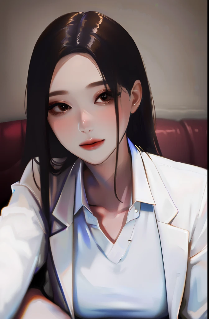 (masterpiece:1.3), (8k, photorealistic, RAW photo, best quality: 1.4), (1girl), beautiful face, (realistic face),girl sitting on a bed with a city in the background, seductive girl, attractive girl, female protagonist 👀 :8, with a lab coat, woman, beautiful alluring woman, best girl,(full shot:1.8)