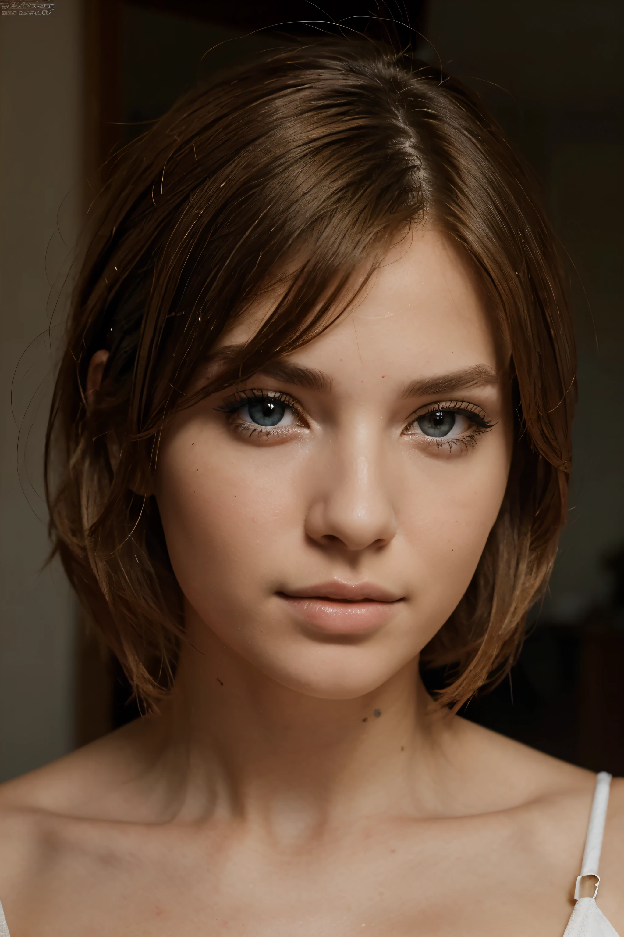 A close up of a woman with a white top and a brown hair - SeaArt AI