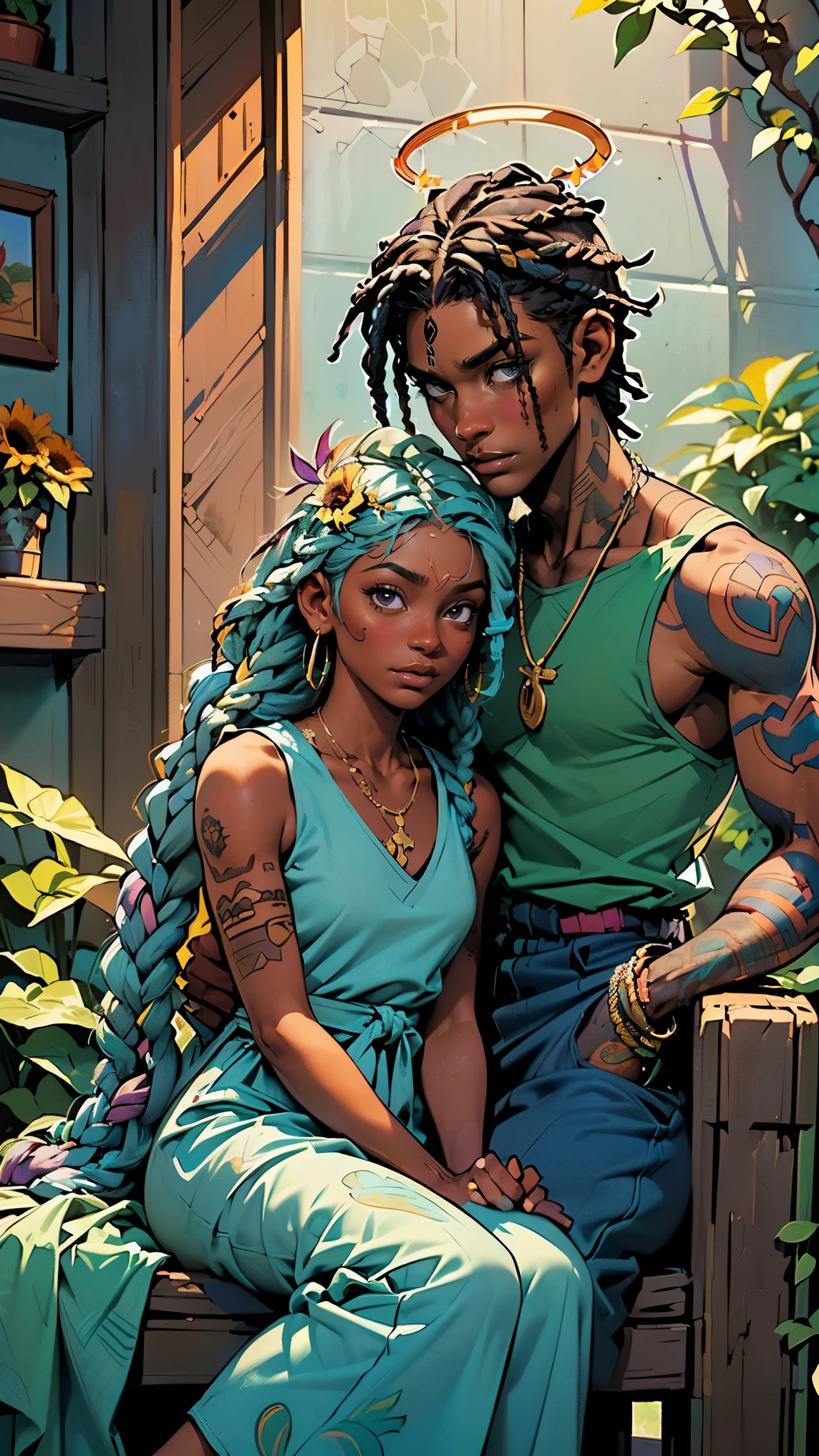 (Exterior: cannabis indica temple garden with sunflowers and roses in bloom with overgrown cannabis indica shrubs), the scene depicting two lovers sharing a peaceful morning meal together,
((Figure 1: 1girl dark-skinned Haitian woman, plump, messy violet hair, multicolored hair between eyes, dreadlocks, glowing halo, scar on cheek, cannabis leaf hair ornament, wearing flowing colorful sundress, sitting comfortably while rolling herbal joint peacefully)) next to ((Figure 2: 1boy, tan Caribbean man, athletic build, flowing braided blue hair, two-tone color hair, prayer bead necklace, wearing tight dark tank top, wearing colorful detailed hakama with sigil designs, tattooed arms and body, sitting next to girl cutting into pancake and eggs breakfast))