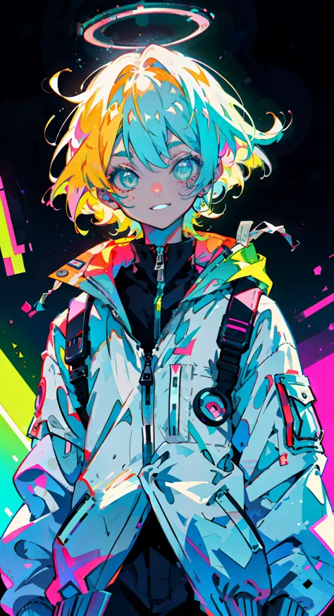 anime boy, neon colors, astronaut, flexible, talented, blond hair, grinning widely, lively expression, grunge fashion, maniac