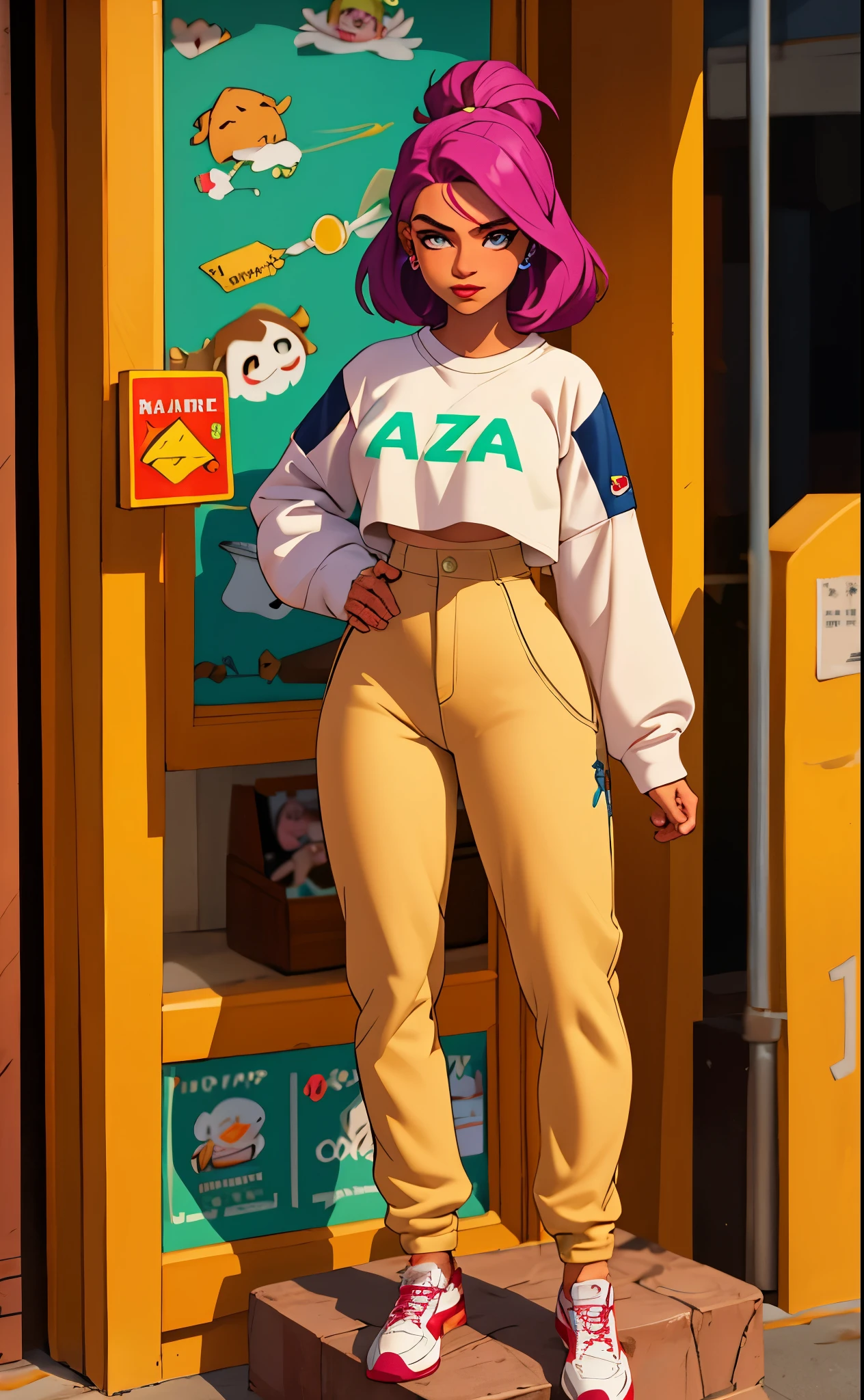 Mulher jovem de 20 anos, cabelos loiros, olhos azuis, rosto perfeito e detalhado, linda, usando uma blusa larga croppet preta, Beige Streetwear Pants, jaqueta colorida por cima do croppet, corpo perfeito, Standing character, dinamic pose, full view, melhor qualidade obra prima, riqueza de detalhes