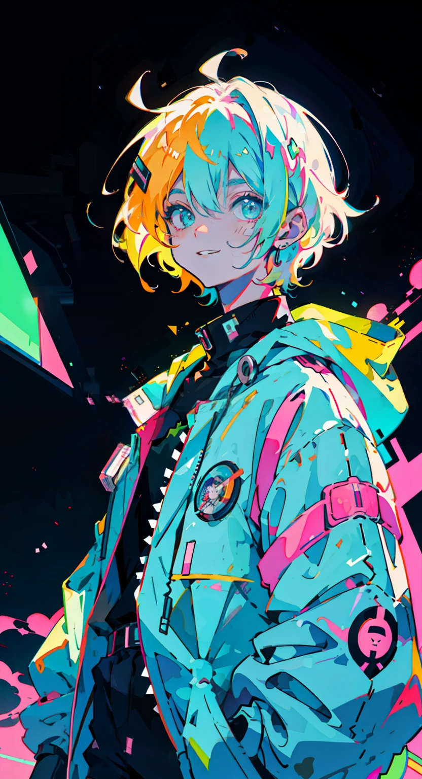 anime boy, neon colors, astronaut, flexible, talented, blond hair, grinning widely, lively expression, grunge fashion, maniac