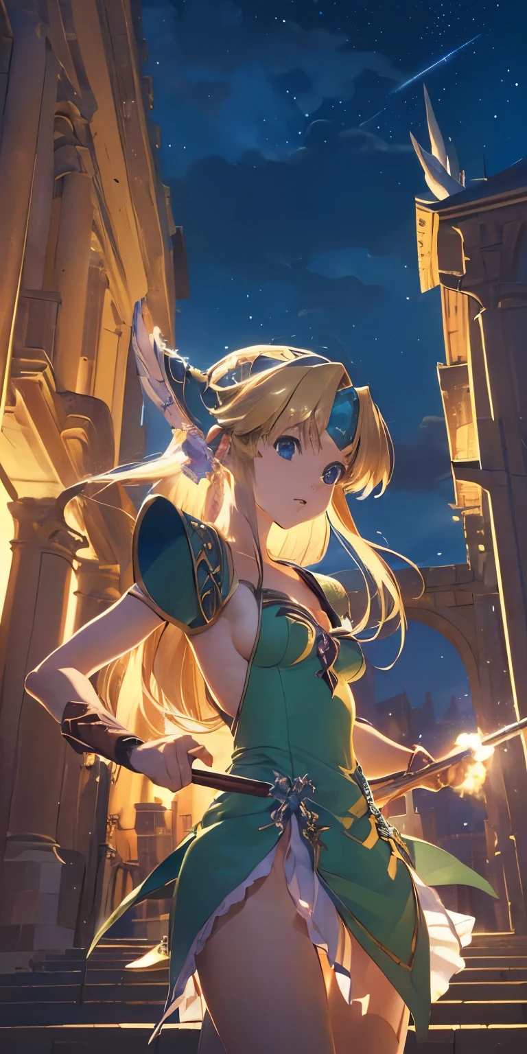 (masterpiece, best quality:1.3), Riesz, Seiken Densetsu 3, 1 girl, (cowboy shot:1.3), (using a long spear, in battle pose:1.3), (cinematic lighting, inside of medieval royal palace background scenery, is in night:1.3),