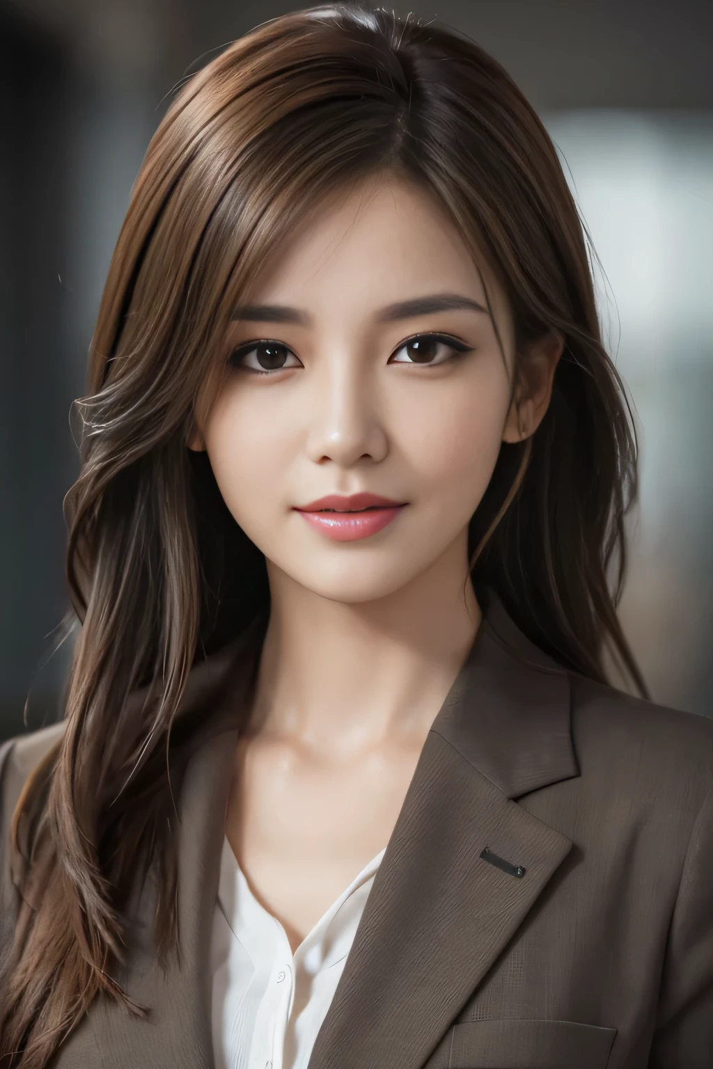 table top, highest quality, realistic, Super detailed, finely, High resolution, 8k wallpaper, 1 beautiful woman,, light brown messy hair, wearing a business suit, sharp focus, perfect dynamic composition, beautiful and detailed eyes, thin hair, Detailed realistic skin texture, smile, close-up portrait, model body shape