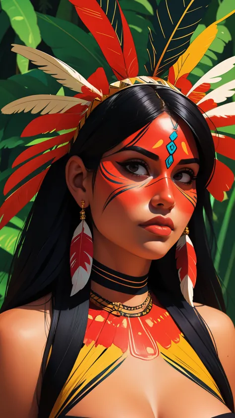 Comic art, digital paint. A beautiful indigenous girl in native with feathers and feathers on her head, amazon indian peoples in...
