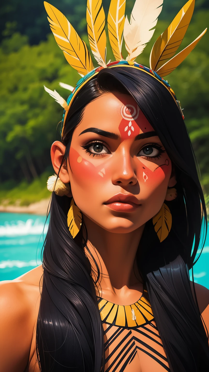 漫畫藝術, 數位繪畫. 一個美麗的土著女孩，頭戴羽毛，頭戴羽毛, 巴西亚马逊印第安人, 美麗的年輕女性巴西原住民女孩, 油漆臉, 火辣的身材, 身著典型服裝的亞諾馬米印第安人,高品質. 亞馬遜森林和河流背景. 鮮豔的色彩, 電影燈光. 詳細的, 錯綜複雜, 詳細的 face.