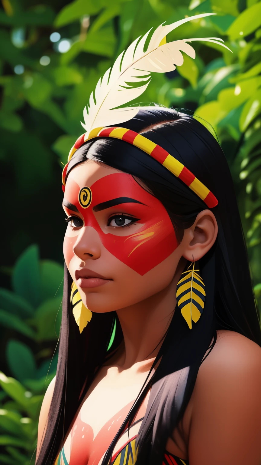 コミックアート, デジタルペイント. 頭に羽根と羽をつけたネイティブの美しい先住民の少女, ブラジルのアマゾン先住民, 美しい若い女性ブラジル人ネイティブの少女, ペイント面, 熱い体, 典型的な衣装を着たヤノマミ族インディアン,高品質. アマゾンの森と川の背景. 鮮やかな色彩, 映画照明. 詳細, 複雑な, 詳細 face.