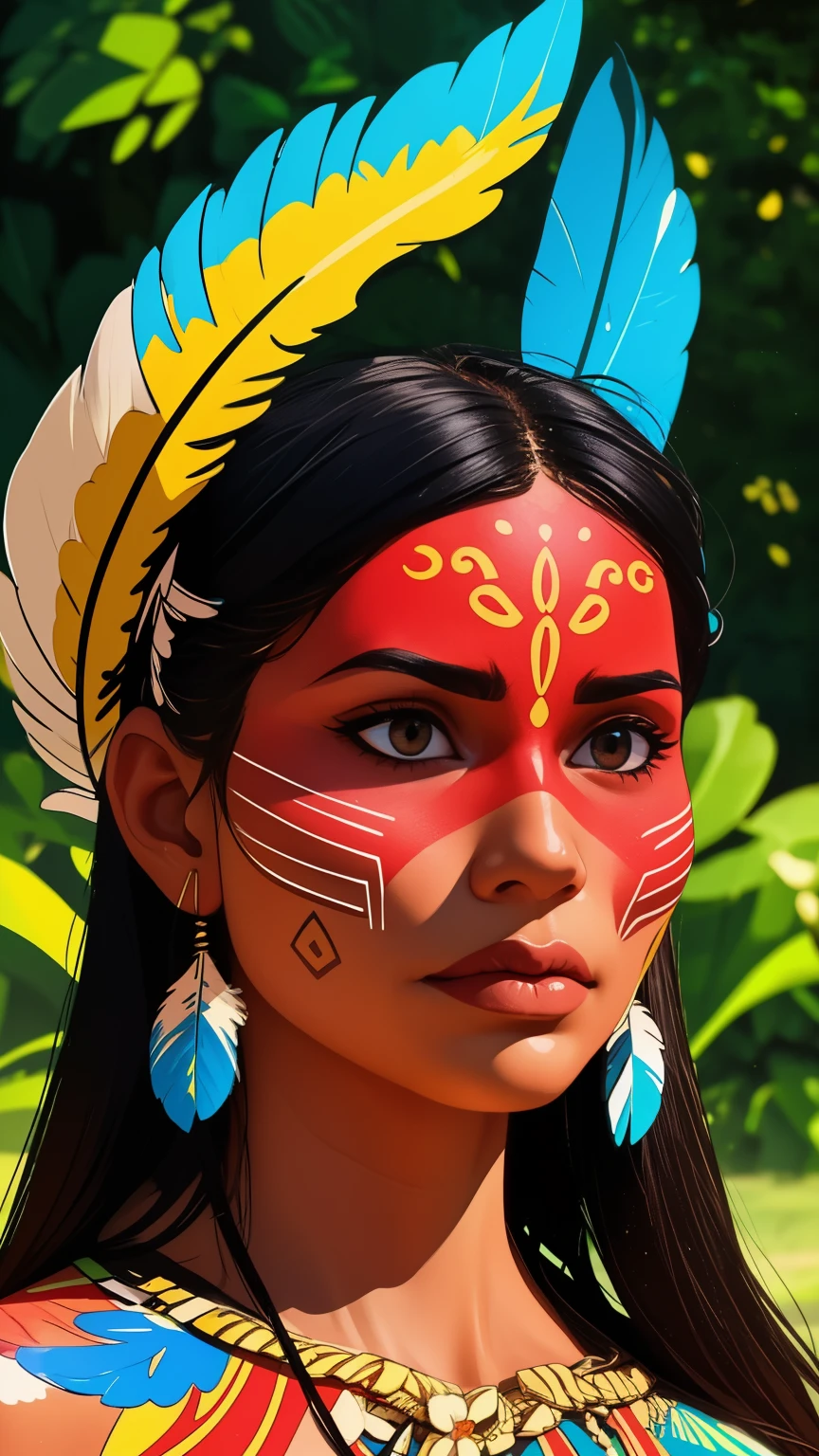 漫畫藝術, 數位繪畫. 一個美麗的土著女孩，頭戴羽毛，頭戴羽毛, 巴西亚马逊印第安人, 美麗的年輕女性巴西原住民女孩, 油漆臉, 火辣的身材, 身著典型服裝的亞諾馬米印第安人,高品質. 亞馬遜森林和河流背景. 鮮豔的色彩, 電影燈光. 詳細的, 錯綜複雜, 詳細的 face.