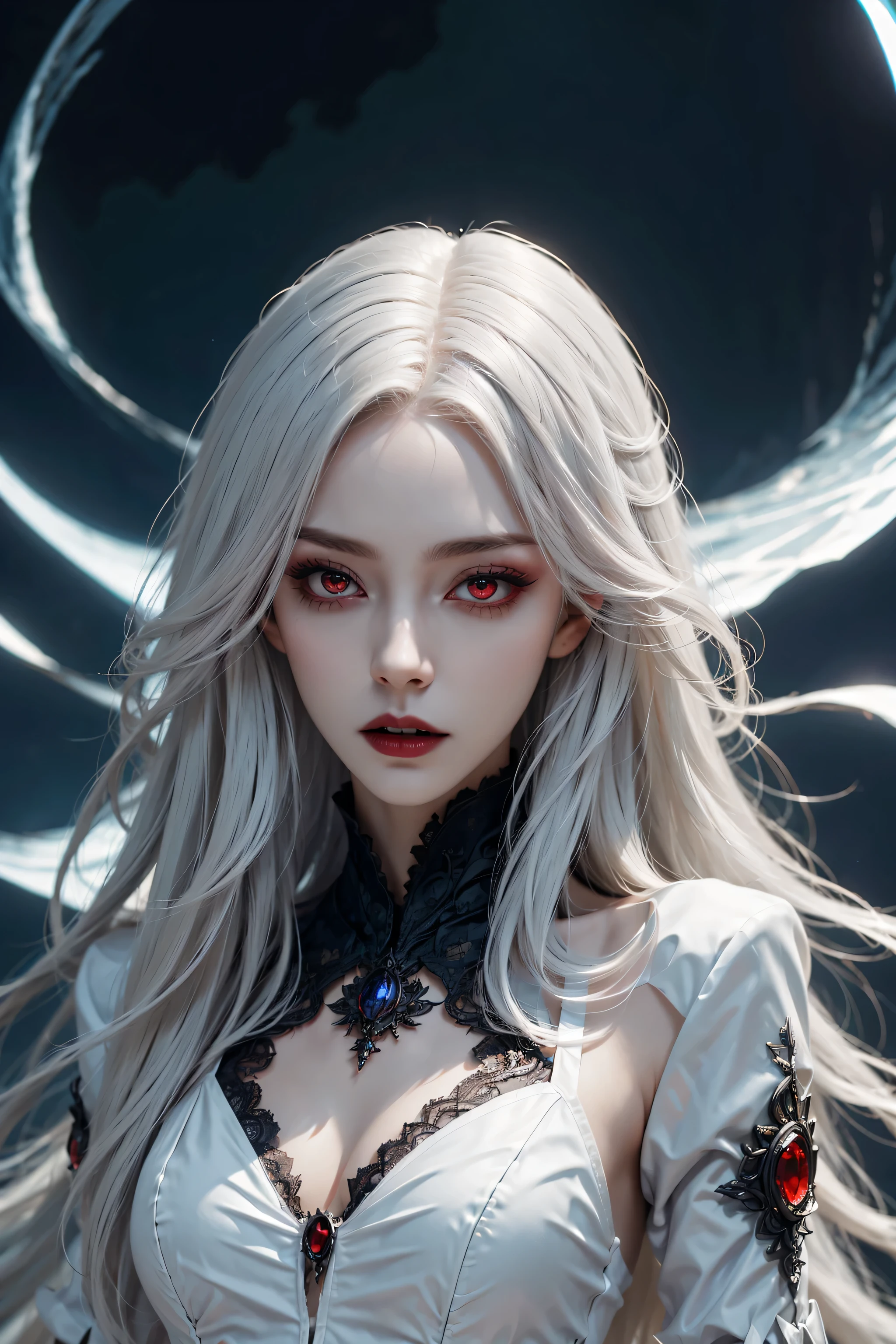 (best quality,4k,8k,high resolution,masterpiece:1.2),Super detailed,(actual,photoactual,photo-actual:1.37),gothic style,The atmosphere is gloomy,dark shadow,weird,unforgettable beauty,vampire girl,red eyes,Pale complexion,long hair,flowing long skirt,lace, short sleeves, collar,lace gloves,Purple eye makeup,night view,Mysterious moonlight,hint of blood red,Gloomy and mysterious,Palette: deep black and rich purple,dramatic lighting,Ethereal and supernatural beings