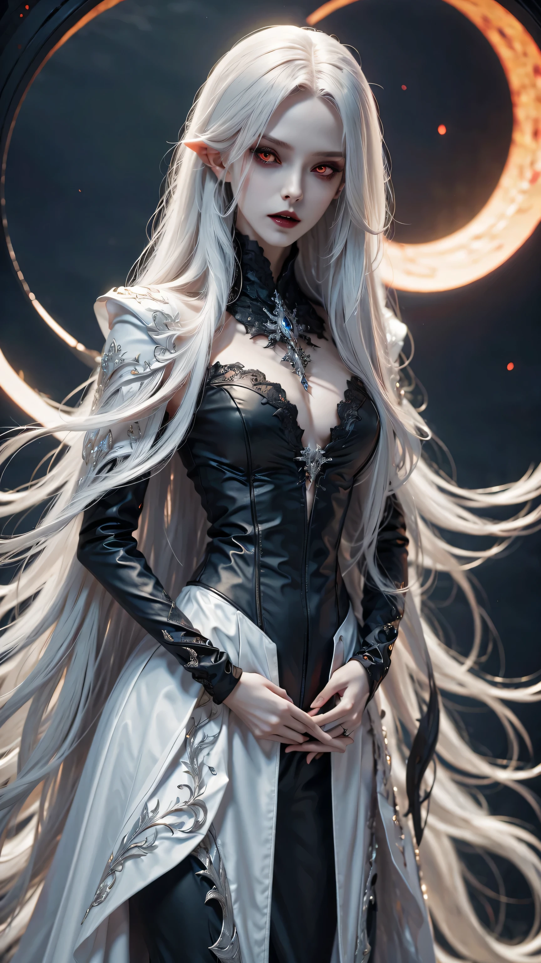 (best quality,4k,8k,high resolution,masterpiece:1.2),Super detailed,(actual,photoactual,photo-actual:1.37),gothic style,The atmosphere is gloomy,dark shadow,weird,unforgettable beauty,vampire girl,red eyes,Pale complexion,long hair,flowing long skirt,night view,Mysterious moonlight,hint of blood red,Gloomy and mysterious,Palette: deep black and rich purple,dramatic lighting,Ethereal and supernatural beings