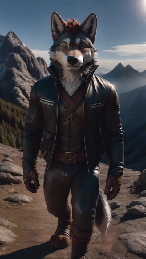 3D portrait of furry max wolf Today he has grown up and become an adventurer but he is still the same boy inside looking at the viewer with a smile while he is walking on a mountain with a very beautiful view wearing a random outfit a black jacket posing for the camera with interesting details cinematic style 5D ultra HDR 8K