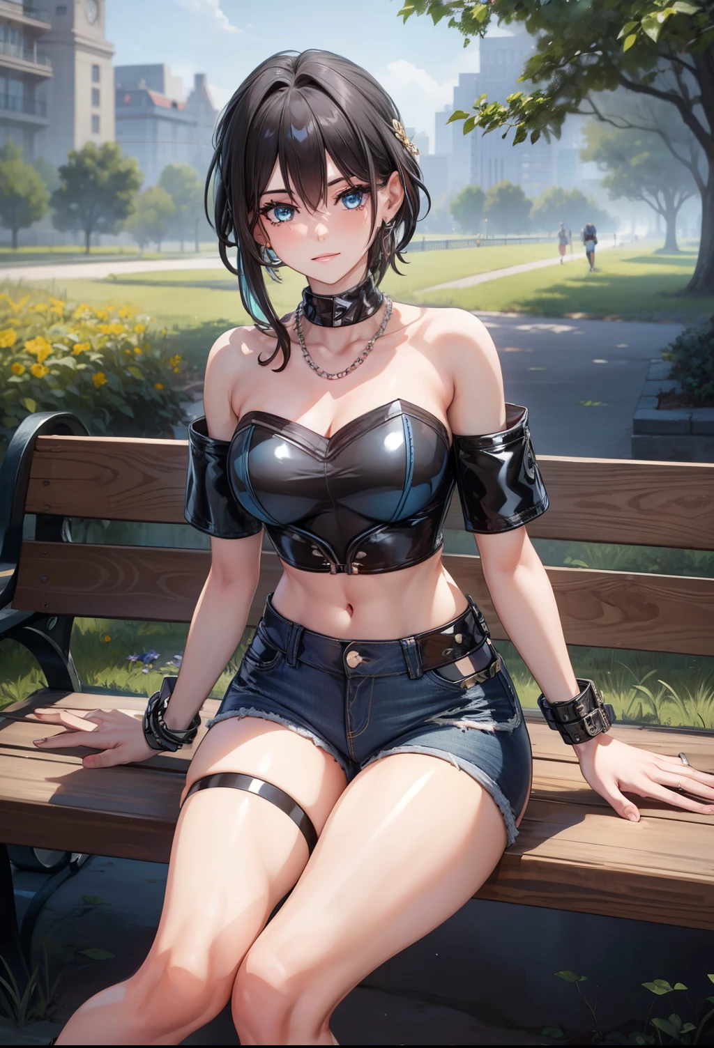 8k, highres, ultra detailed, (masterpiece:1.4), best quality, symmetrical body, (black latex strapless crop top:1.4), (jeans shorts:1.4), choker, cute, solo, earrings, short hair, blue hair, blue eyes, glow effect, finely eye, detailed face, looking at viewer, seductive face, in the park, sitting on bench, angled view, big breasts, seductive look, perfect fingers, voluptous
