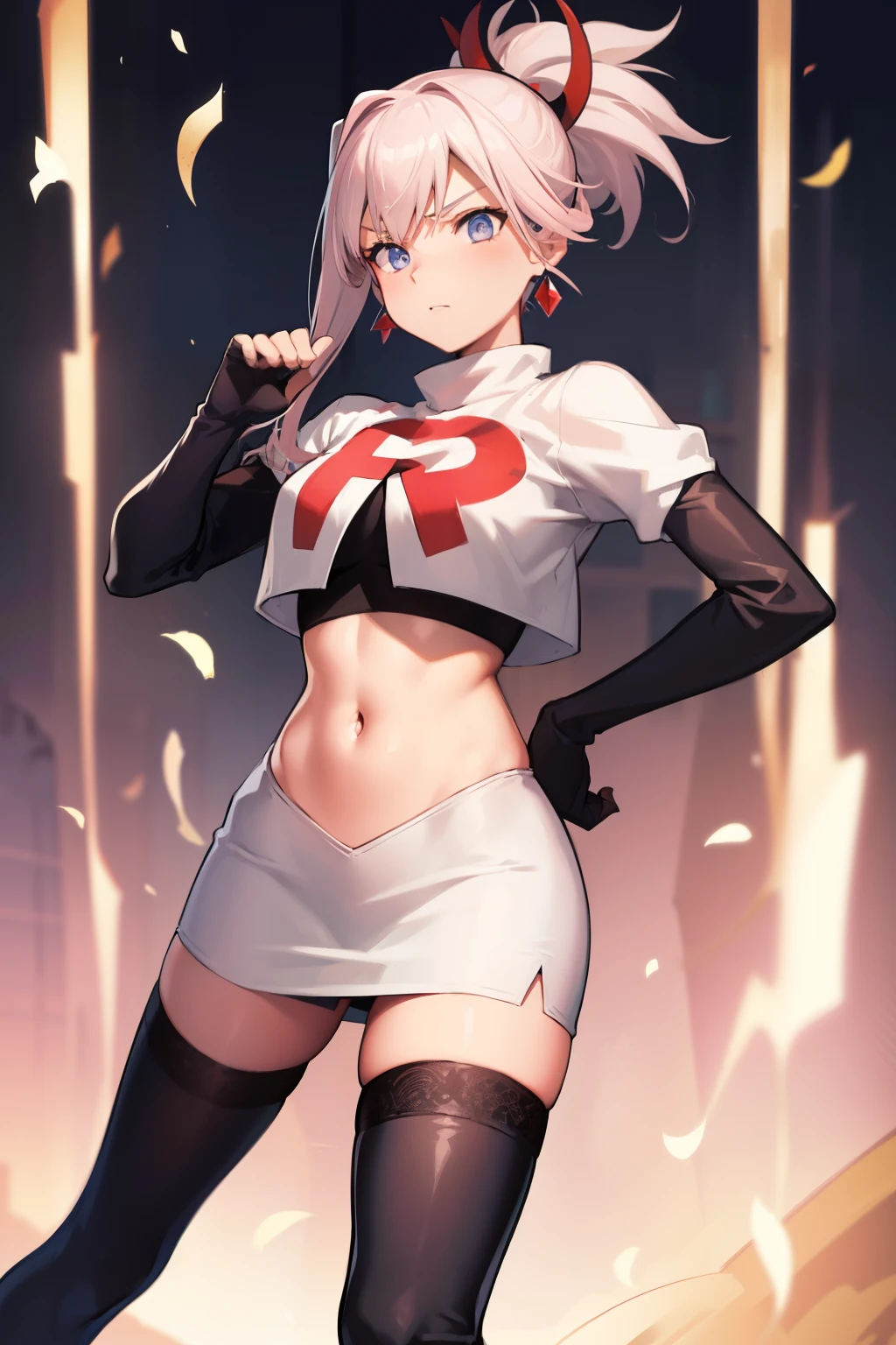 miyamotomusashi, Miyamoto Musashi, asymmetrisches Haar, blaue Augen, Ohrringe, Haarverzierung, pinkes Haar, Pferdeschwanz, Seitenlocken,Team Rocket,Team Rocket uniform, roter Buchstabe R, weißer Rock,weißes bauchfreies Top,schwarze Strümpfe,schwarze Ellbogenhandschuhe