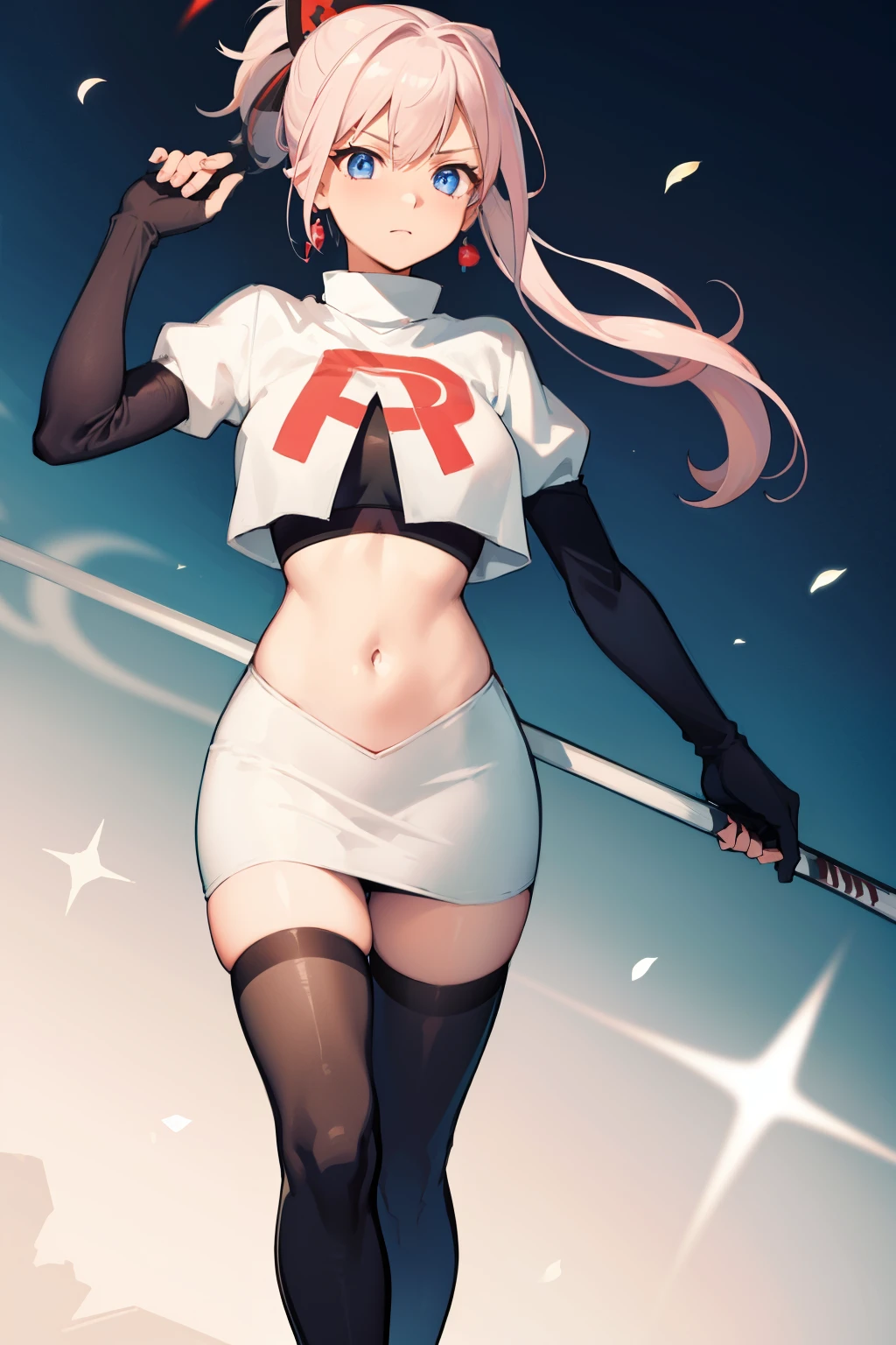 miyamotomusashi, Miyamoto Musashi, asymmetrisches Haar, blaue Augen, Ohrringe, Haarverzierung, pinkes Haar, Pferdeschwanz, Seitenlocken,Team Rocket,Team Rocket uniform, roter Buchstabe R, weißer Rock,weißes bauchfreies Top,schwarze Strümpfe,schwarze Ellbogenhandschuhe