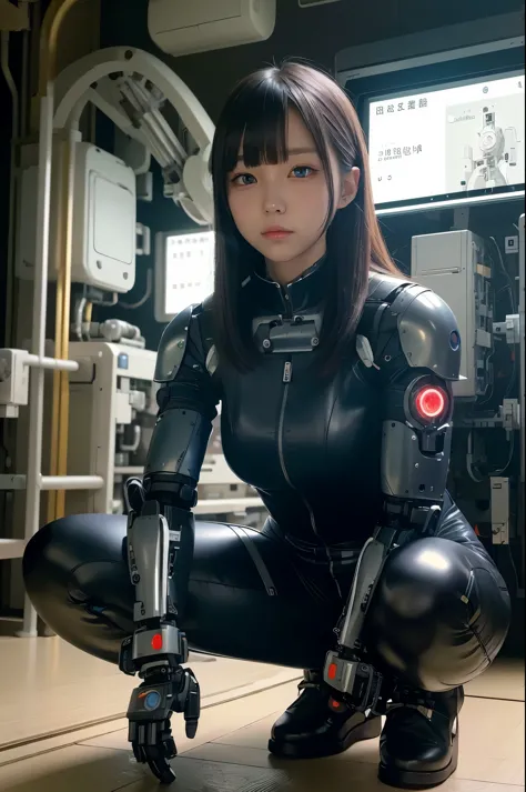 masterpiece, best quality, extremely detailed, Japanese android girl,Plump ,control panels,robot arms,robot,android,cyborg,white...