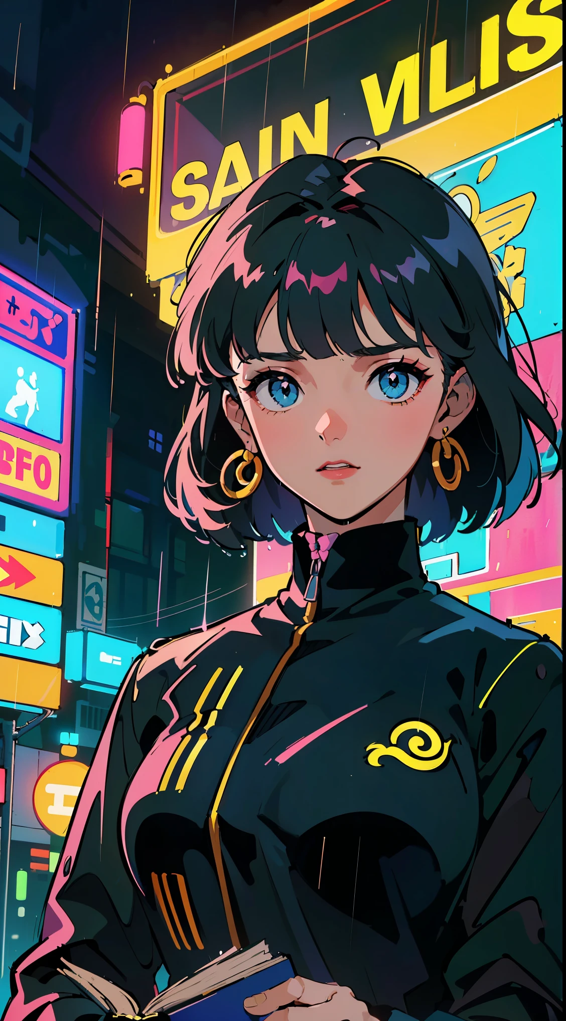 ((((babados,olhos grandes com capuz preto，Chuva pesada,))))((hands in pocketasterpiece illustration,beautiful and aesthetic:1.2,direcionado aos espectadoreelhor qualidade,maximum quality, epic quality,((((Rainy night in a Cyberpunk city with bright neon lights,ar livre,))))(Luar,brilho da lua, deus luz,At night,tiro superior superior,foco no rosto,))Rosto limpo,,maduro,Cabelo lindo e detalhado，Cabelo loiro，hiper HD, retinas, Pele Texturizada, A high resolution, 16K ，((presilha de cabelo,steep bangs,bloqueios laterais,cabelo curto,bow in hair)),rosto detalhado, 1JK, senhora,Sozinho, rosto perfeito, Very amazing girl,((,mangas bufantes,casaco preto listrado laranja,manto grande,brincos de metal,brincos em espiral)),luz de aro