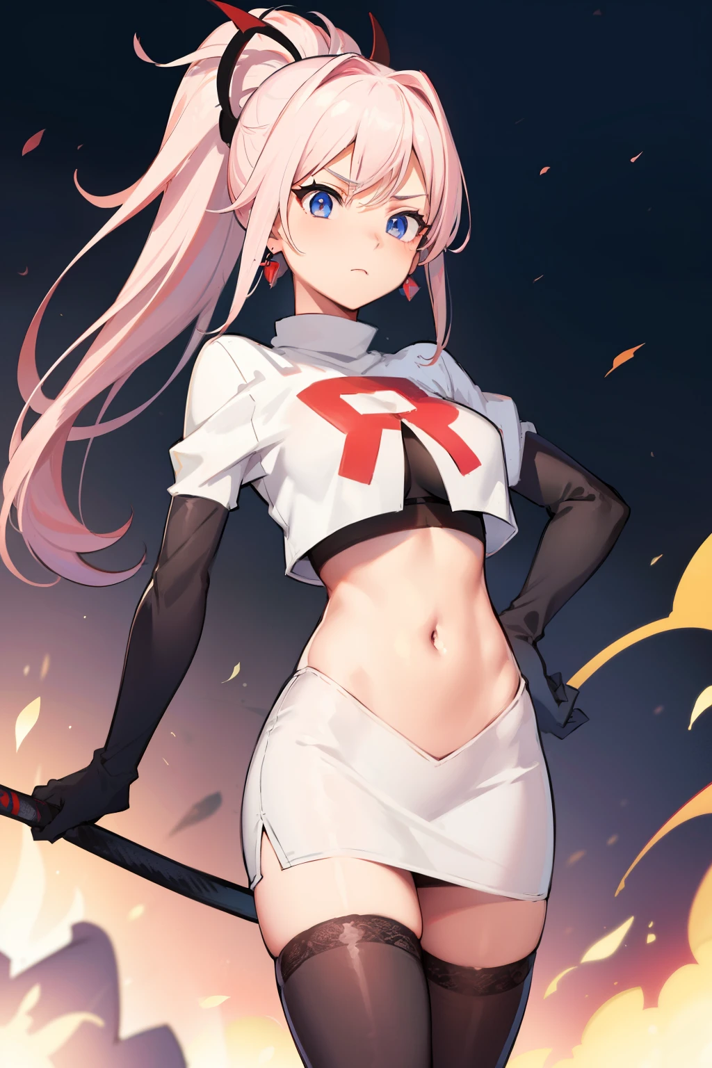 miyamotomusashi, Miyamoto Musashi, asymmetrisches Haar, blaue Augen, Ohrringe, Haarverzierung, pinkes Haar, Pferdeschwanz, Seitenlocken,Team Rocket,Team Rocket uniform, roter Buchstabe R, weißer Rock,weißes bauchfreies Top,schwarze Strümpfe,schwarze Ellbogenhandschuhe