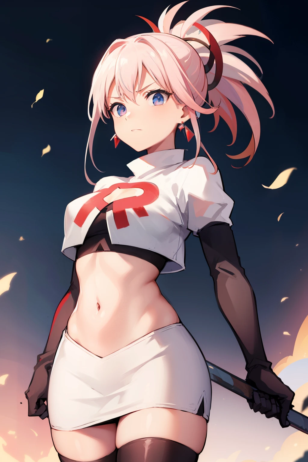 miyamotomusashi, Miyamoto Musashi, asymmetrisches Haar, blaue Augen, Ohrringe, Haarverzierung, pinkes Haar, Pferdeschwanz, Seitenlocken,Team Rocket,Team Rocket uniform, roter Buchstabe R, weißer Rock,weißes bauchfreies Top,schwarze Strümpfe,schwarze Ellbogenhandschuhe