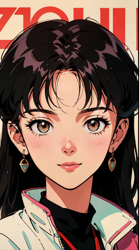 the highest image quality, 1980s style anime, 21 year old girl, black hair, long hair, light brown eyes,  with a loose sweatshirt, White background, magazine cover, close up of face, smiling 