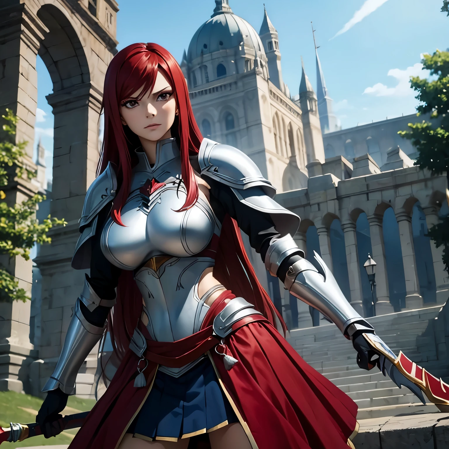 erza .beautiful woman 27 years old red hair and red eyes big breasts. wears metallic armor blue skirt. espada. fondo un castillo