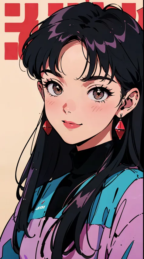 the highest image quality, 1980s style anime, 21 year old girl, black hair, long hair, light brown eyes,  with a loose sweatshirt, White background, magazine cover, close up of face, smiling, princess face 