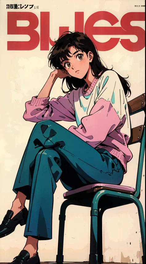 the highest image quality, 1980s style anime, 21 year old girl, black hair, long hair, light brown eyes,  with a loose sweatshirt, White background, magazine cover, whole body , sitting in a chair , posing 