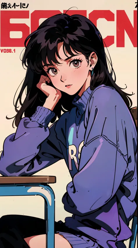 the highest image quality, 1980s style anime, 21 year old girl, black hair, long hair, light brown eyes, skin pale as snow,  with a loose sweatshirt, White background, magazine cover, whole body , sitting in a chair , posing 