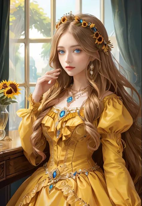 (  absurdly , high quality , Super detailed ) ,( Hand detailed ) , 1 girl, alone, Mature, very long hair, sunflower hair , beaut...