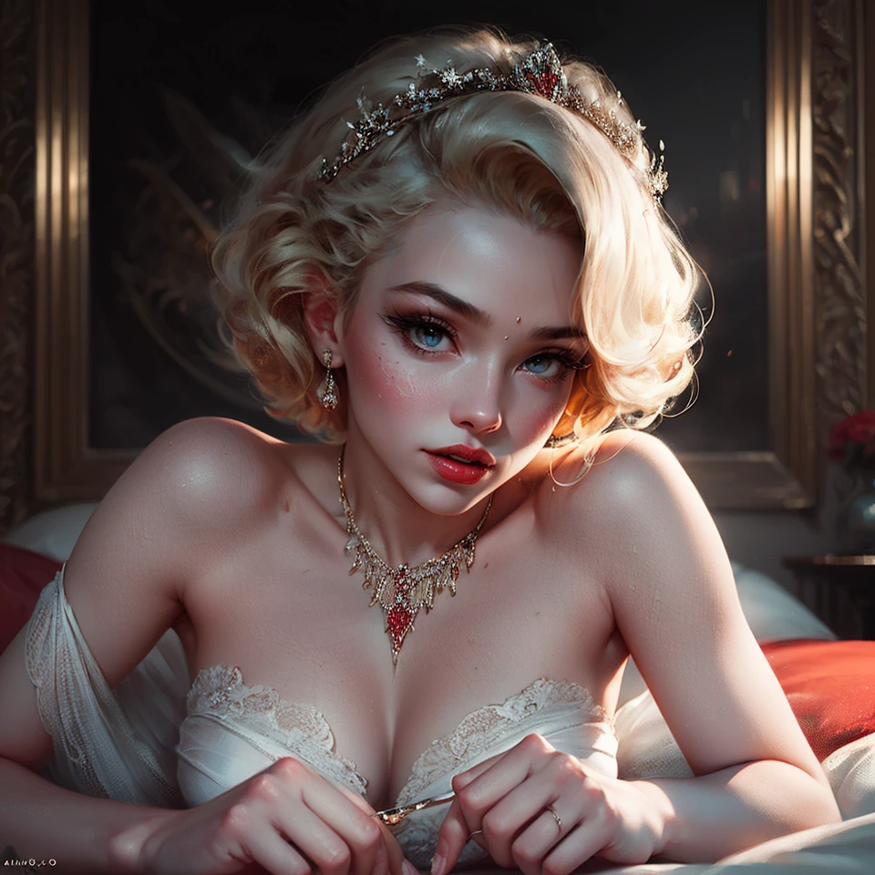 (Masterpiece - Ultra-Detailed, High Resolution) Prepare to be enchanted by a true masterpiece that combines ultra-detailed art with high-resolution rendering. This work shows a mesmerizing woman, with short, light blonde hair, 1950s style, Marilyn Monroe (1.3) and captivating brown eyes (1.2), New York illustration style, wearing red lipstick, (red lipstick) emanating an aura of elegance and mystery. Wearing classic 1950s clothing. Intricate details and realistic textures invite you to explore every aspect of this enchanting composition. Transparent white dress. Laying in the bed. backwars, Looking back. Get ready to dive into a world where beauty and craftsmanship merge perfectly.