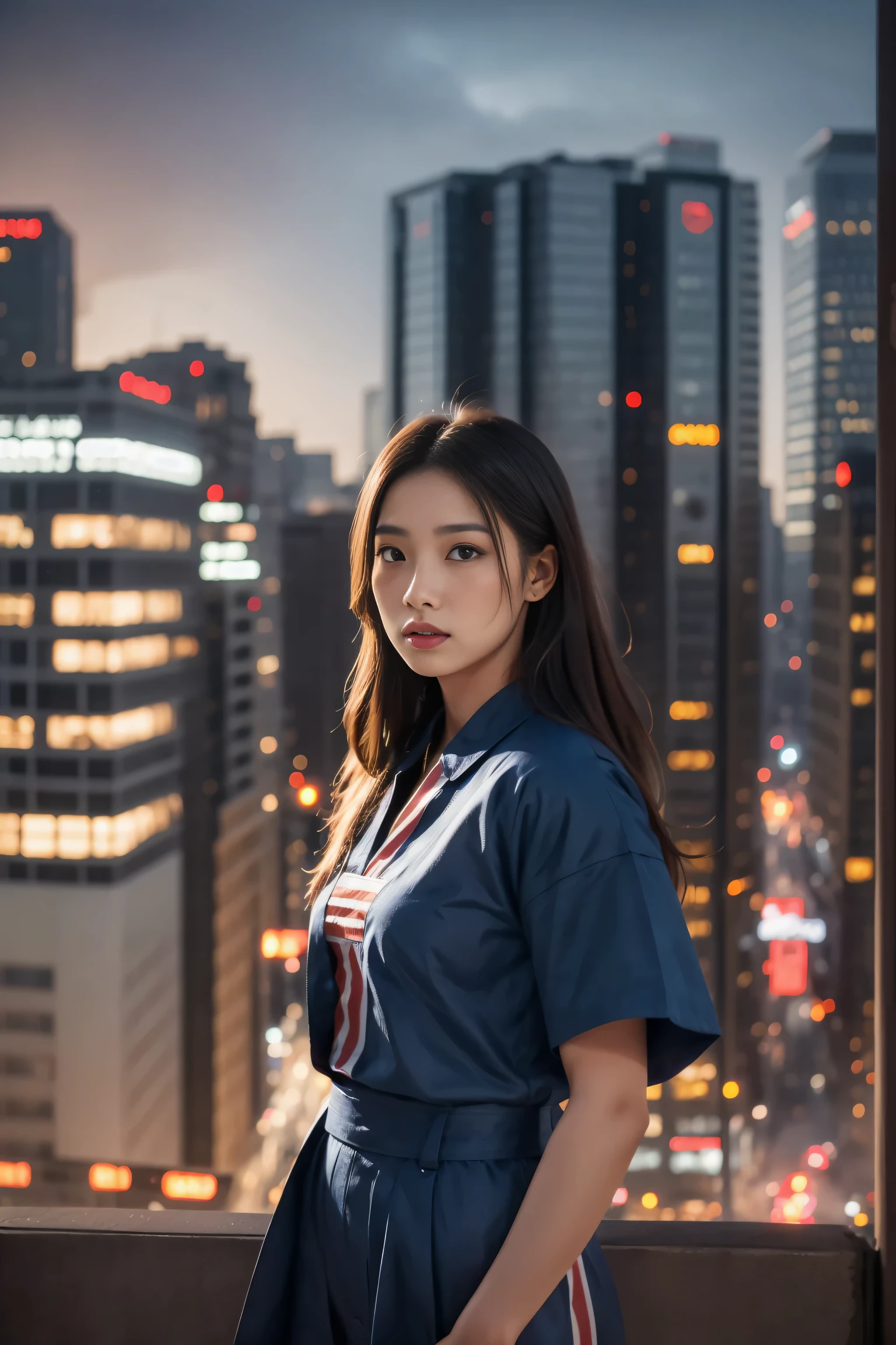 A modern-day warrior woman draped in her country's flag, standing atop a hill with a cityscape below, the scene rendered in dramatic lighting that emphasizes her strength and the dynamic composition of the patriotic theme.