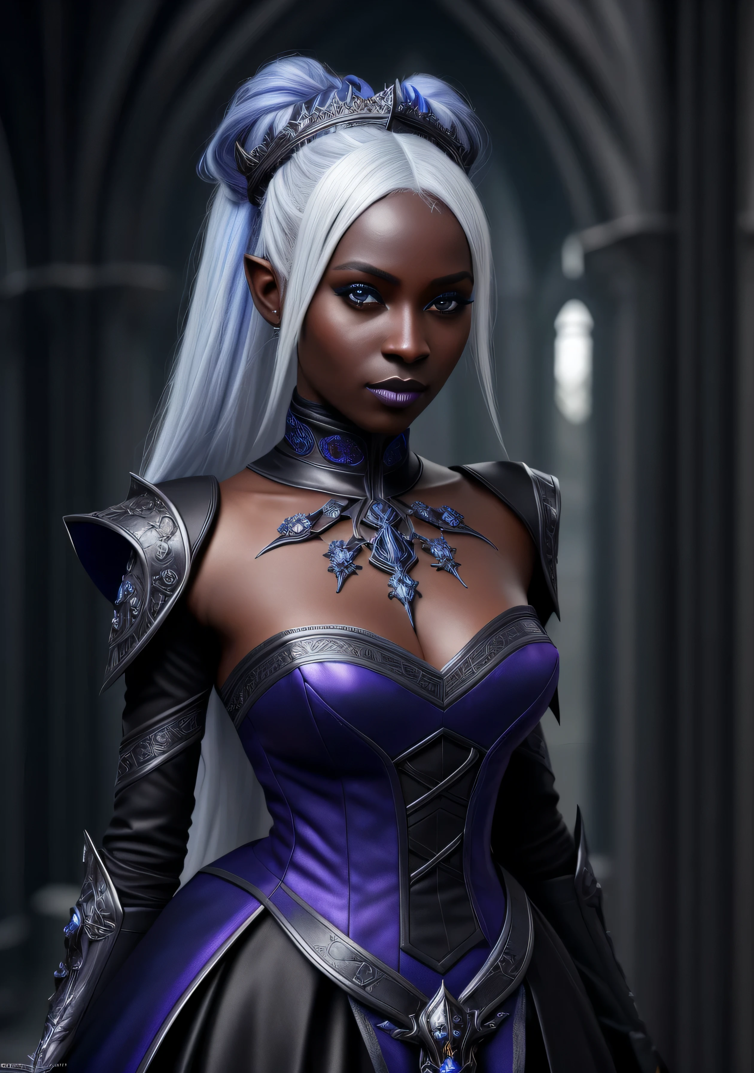 female dark elf drow, dark [blue|grey] skin tone with white hair top ponytail. wearing beautiful elegant blue and purple dress, wealth oppulent gothic elaborate magnificent (zrpgstyle) (masterpiece:1.2)(best quality:1.2) (detailed) (intricate) (8k) (HDR) (cinematic lighting) (sharp focus), (skull female demon king), (solo:1.5), (concept art), (portrait), (by Casey Weldon, Olga Kvasha, Miho Hirano), hyperdetailed intricately detailed gothic art trending on Artstation triadic colors Unreal Engine 5 detailed matte painting, deep color, fantastical, intricate detail, splash screen, complementary colors, fantasy concept art, 8k resolution, gothic deviantart masterpiece, perfect lighting, perfect shading, volumetric lighting, subsurface scattering, beautiful, stunning, gorgeous, atmospheric, (beautiful eyes), (beautiful face), (photorealistic:1.6), (centered), ((fantasy art)),
,flower_style,