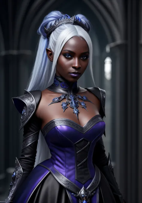female dark elf drow, dark [blue|grey] skin tone with white hair top ponytail. wearing beautiful elegant blue and purple dress, ...