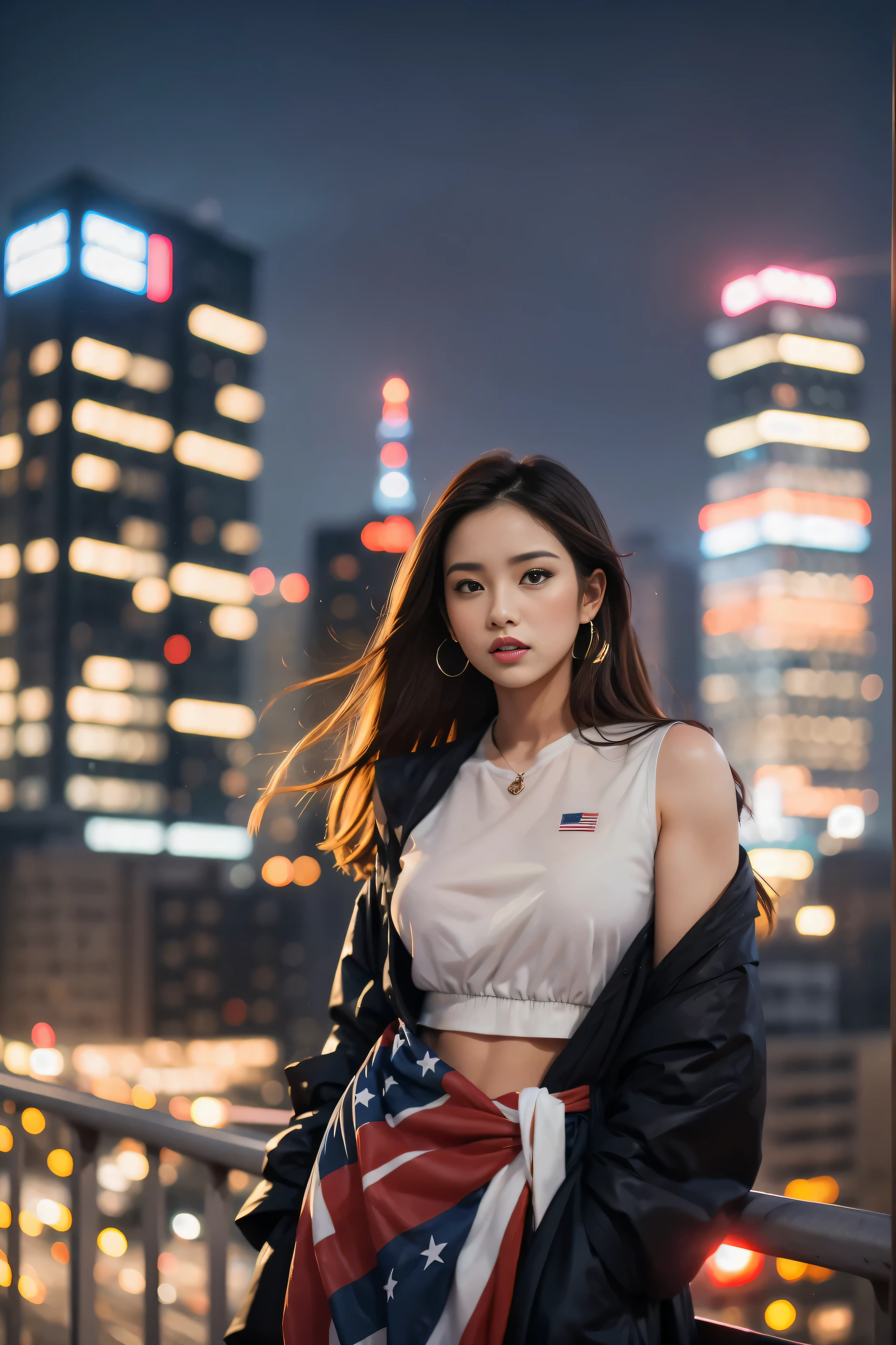 A modern-day warrior woman draped in her country's flag, standing atop a hill with a cityscape below, the scene rendered in dramatic lighting that emphasizes her strength and the dynamic composition of the patriotic theme.