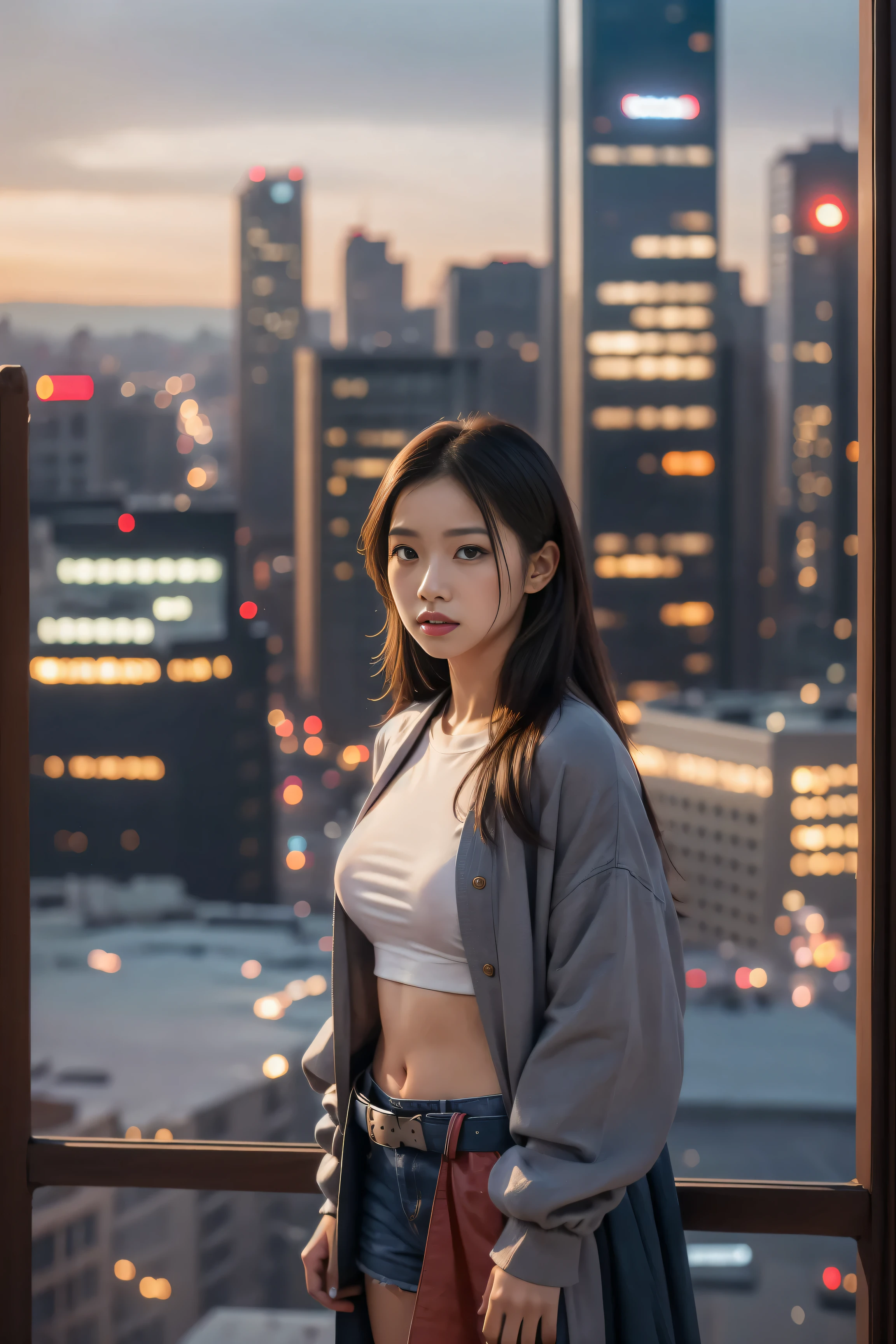 A modern-day warrior woman draped in her country's flag, standing atop a hill with a cityscape below, the scene rendered in dramatic lighting that emphasizes her strength and the dynamic composition of the patriotic theme.