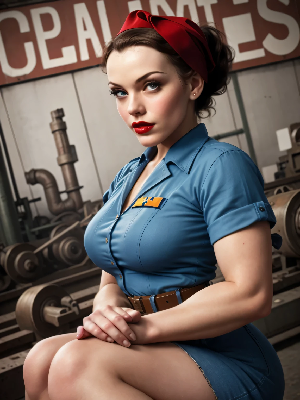 A Rosie the Riveter-inspired pin-up, her outfit and pose echoing the iconic image, set against a backdrop of a 1940s factory, the scene a vibrant, engaging homage to the women who worked on the home front during WWII.