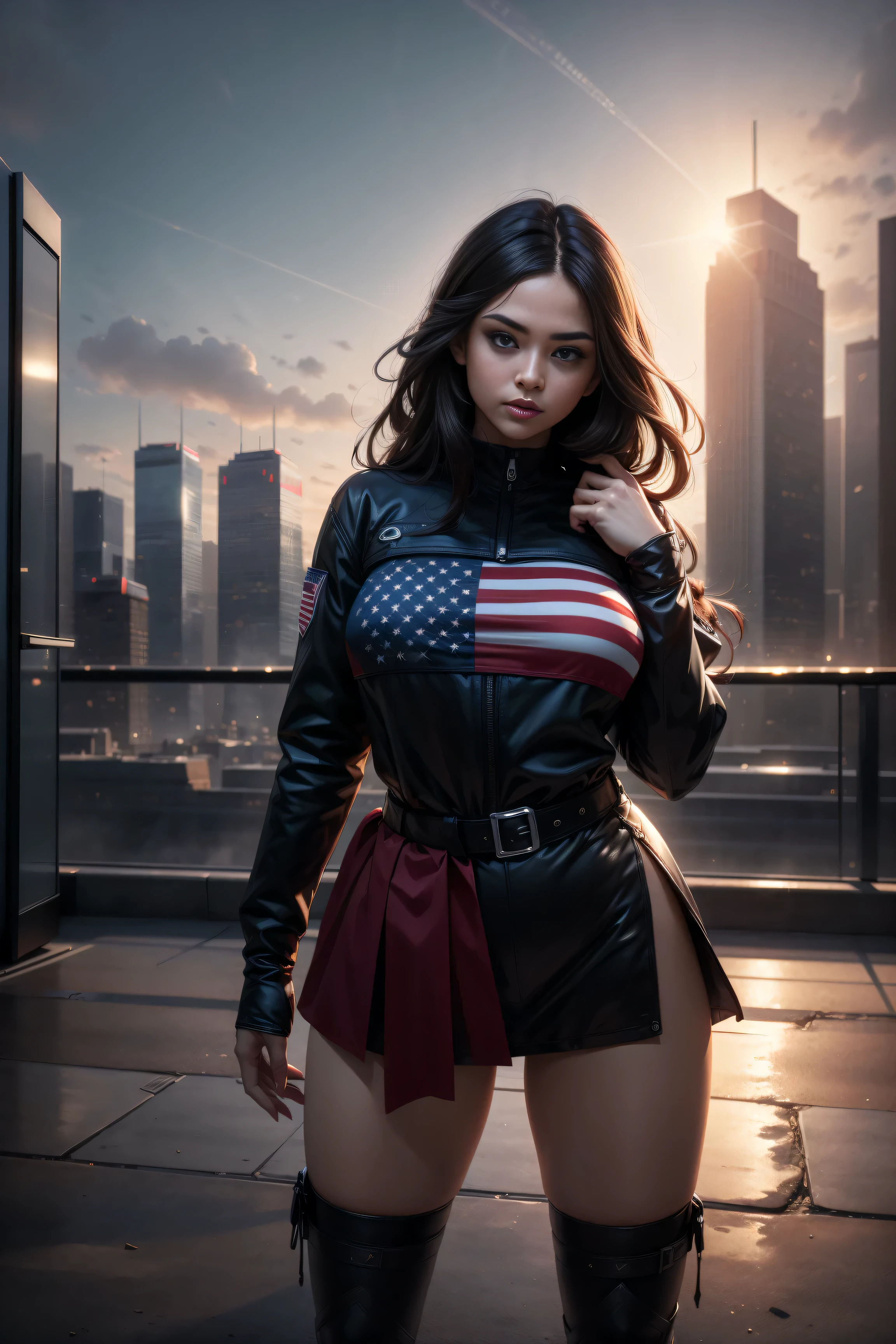 A modern-day warrior woman draped in her country's flag, standing atop a hill with a cityscape below, the scene rendered in dramatic lighting that emphasizes her strength and the dynamic composition of the patriotic theme.