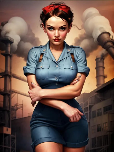 a rosie the riveter-inspired pin-up, her outfit and pose echoing the iconic image, set against a backdrop of a 1940s factory, th...