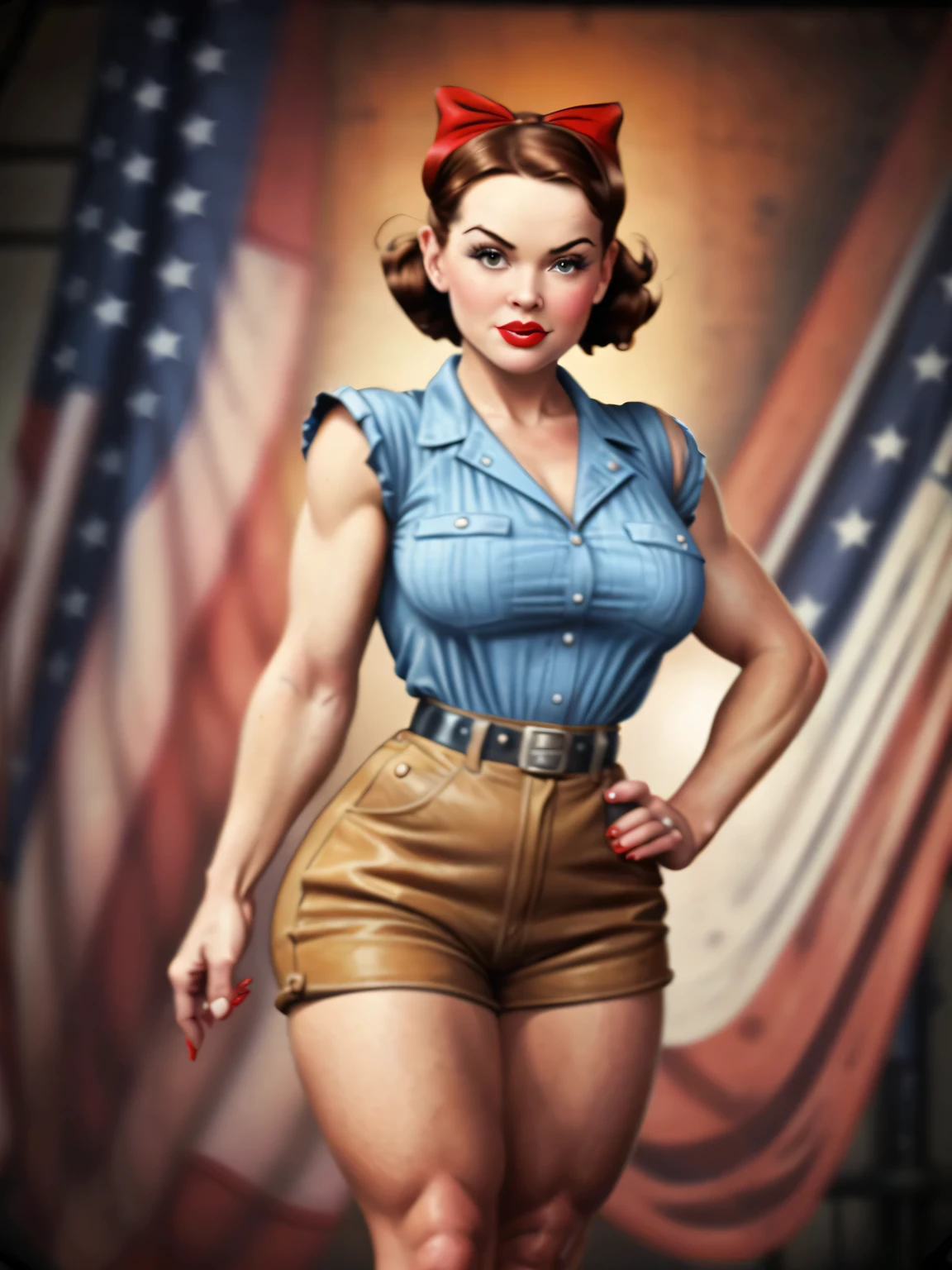 A Rosie the Riveter-inspired pin-up, her outfit and pose echoing the iconic image, set against a backdrop of a 1940s factory, the scene a vibrant, engaging homage to the women who worked on the home front during WWII.