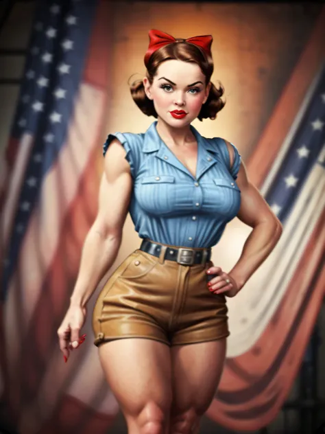 a rosie the riveter-inspired pin-up, her outfit and pose echoing the iconic image, set against a backdrop of a 1940s factory, th...