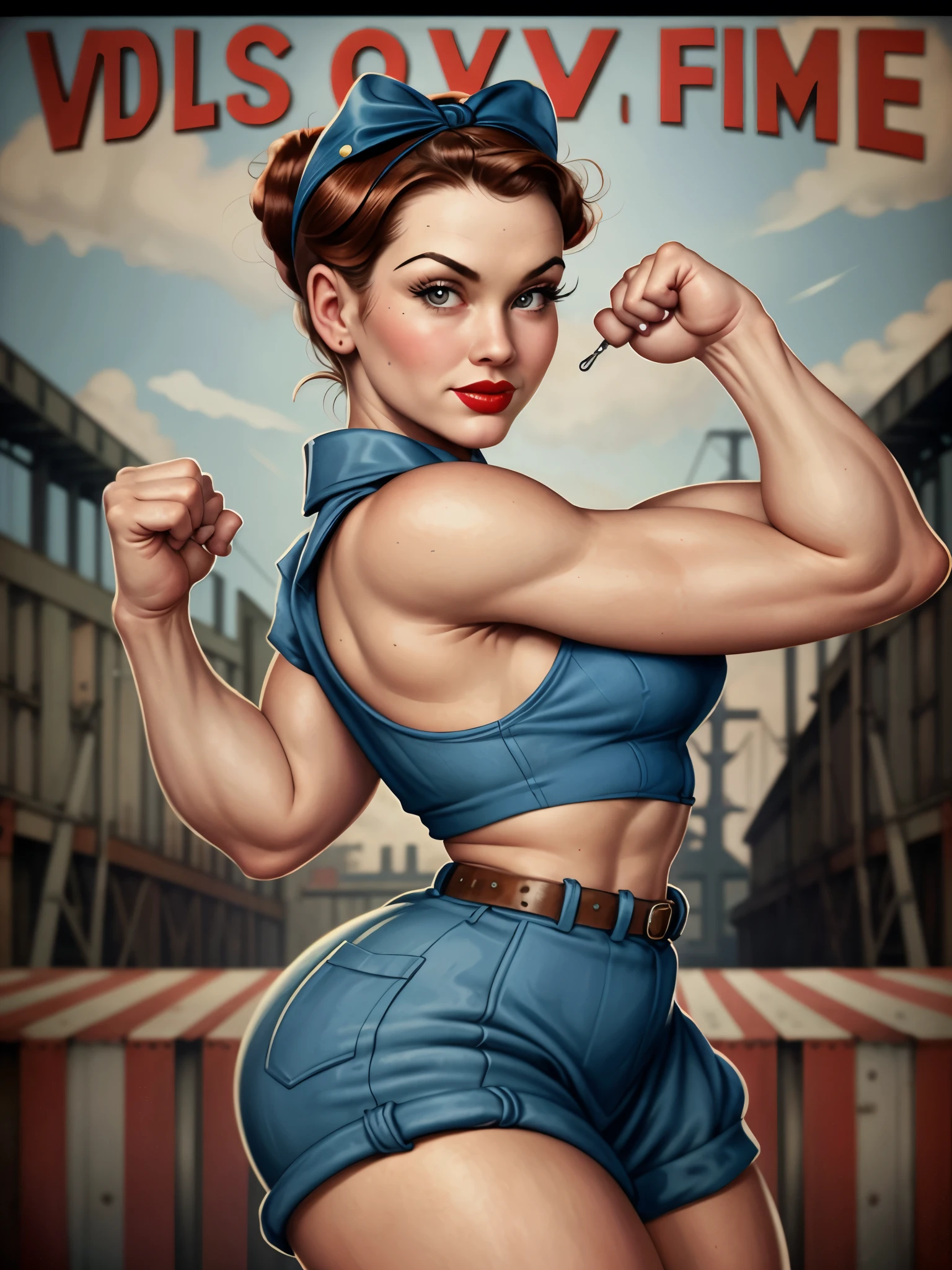 A Rosie the Riveter-inspired pin-up, her outfit and pose echoing the iconic image, set against a backdrop of a 1940s factory, the scene a vibrant, engaging homage to the women who worked on the home front during WWII.