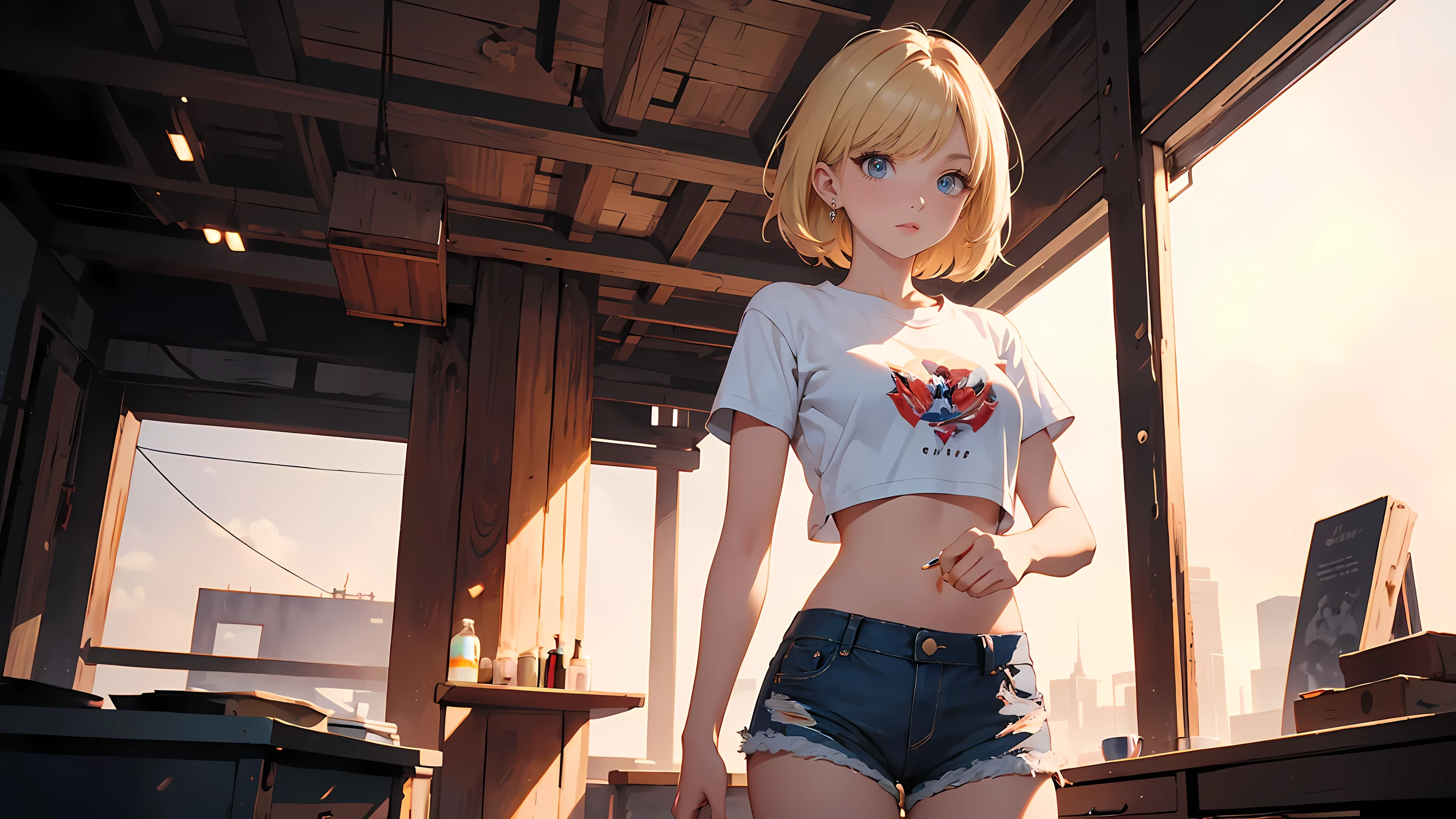 ((1girl)), one beautiful girl, detailed beautiful hair, detailed beautiful eyes, short blonde hair, white crop top t-shirt, no bra, jean shorts, standing, cowboy shot, cinematic lighting, dramatic lighting,