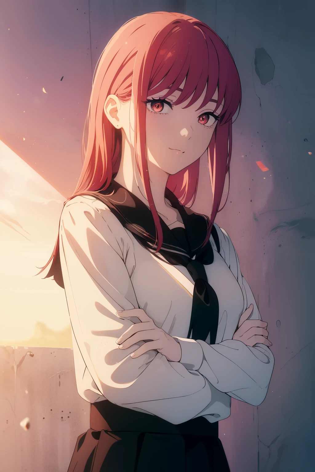 ((((Obra maestra, La mejor calidad, ultrahigh resolution)))), 1girl, looking at viewer, standing, upper body, red hair, beautiful face, outside, wind blowing, detailed face, eyeliner, detailed red gradient eyes, shiny red eyes, black pupils, school uniform, face focus, pretty smile, happy
