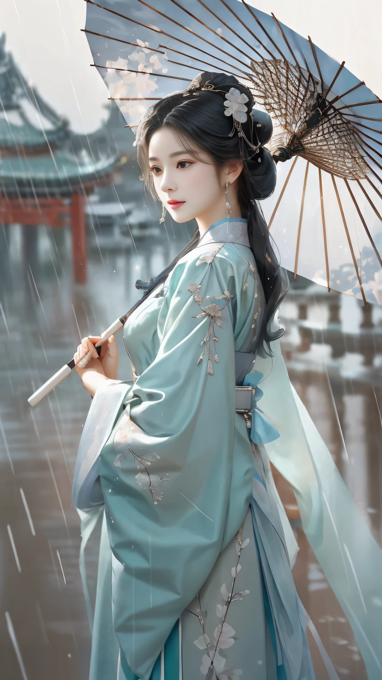 Yue Xiaofei style fashion event，Woman holding an oil-paper umbrella on her shoulders to protect herself from the rain, light jade, Ethereal dreams, Tang Youhong, elegant, detailed design, dansaekhwa paper umbrella Hanfu holding umbrella when it rains,(Complex texture 1.5)
